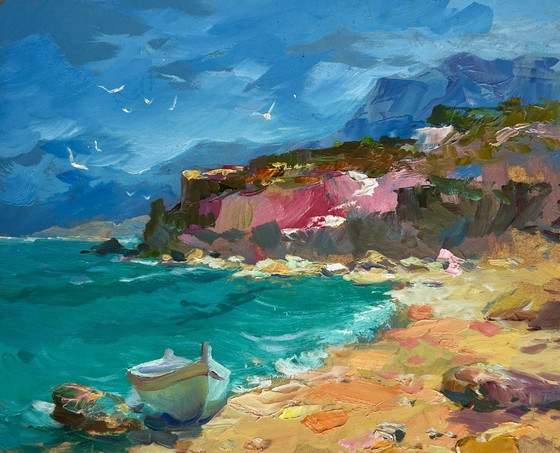 Image 1 of Original Oil Painting Coastal Mountain Landscape After the sea storm