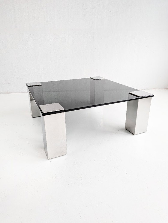 Image 1 of Italian Coffee Table with Smoked Glass Top & Mirror Legs 1970s