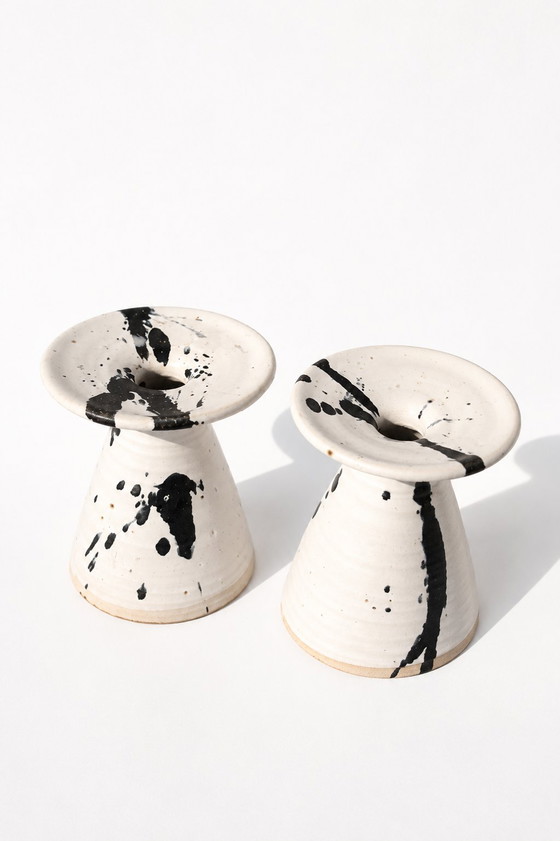 Image 1 of Bougeoirs en céramique rares, style postmoderne, à décor éclaboussé, de Karsten Nielsen KN, Danemark