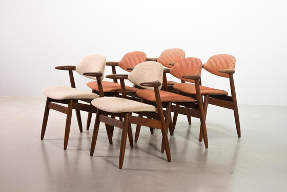 Image 1 of Authentic Cowhorn Tijsseling Dining Chairs with the Original Fabric Upholstery by Hulmefa. Set of 6. The Netherlands, 1960s.