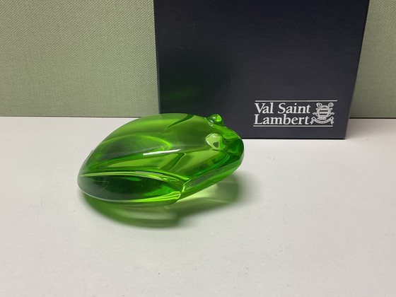 Image 1 of crystal green frog paperweight / Val Saint Lambert, designed by Katherine de Sousa.