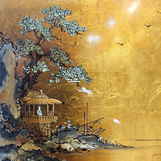 Image 1 of Paesaggio cinese d&#39;epoca con templi (foglia d&#39;oro) Paesaggio cinese d&#39;epoca con templi