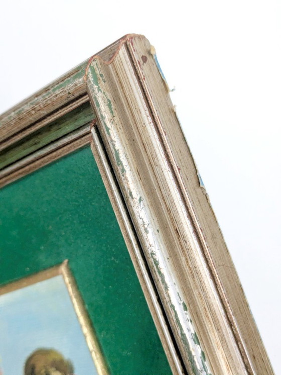 Image 1 of Vintage Robin Oil Painting, Blossoms, Green Velvet Mat, Signed