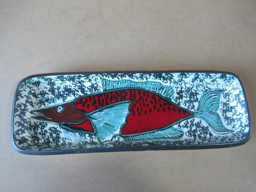 Large DOMINIQUE BAUDART DB Ceramic FLAT - VALLAURIS le vieux moulin - Blue & Red FISH 1960's - 55,5cm x 19cm