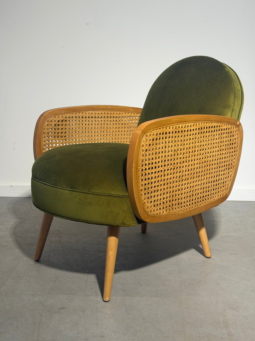 Loungestoel van riet en olijfgroen fluweel – fauteuils (photo 2 of 4)