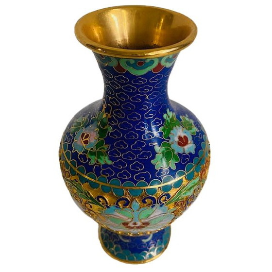 Image 1 of Vintage oriental cloisonne vase blue floral patterns boho 1980s