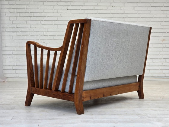 Image 1 of 1950s, Scandinavian 2-seater sofa, reupholstered, furniture wool, oak.