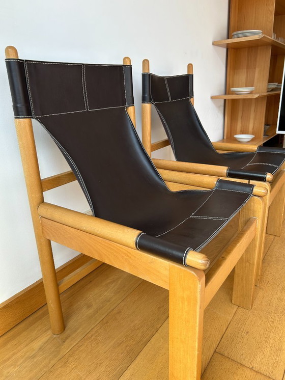 Image 1 of Set of 2 Vintage Safari Chairs - Dark Brown Leather & Oak