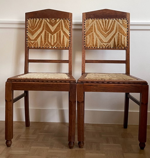 Paire de chaises de salle à manger Art déco de l'école d'Amsterdam- Chêne et velours (années 1920/1930)