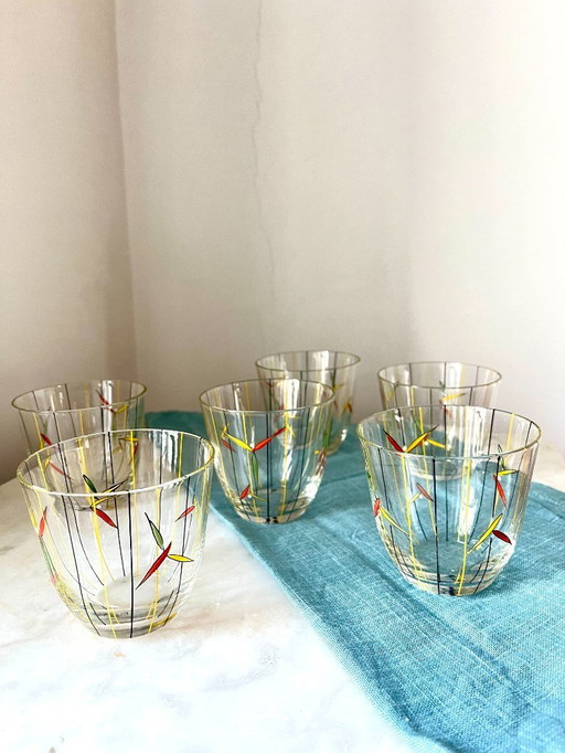 Vintage Set aus 6 handbemalten Mid-Century-Gläsern – 50er-Jahre-Barzubehör mit gelb-schwarzem Design