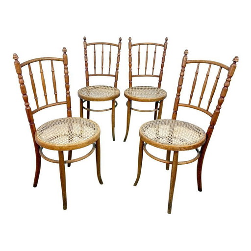 Set of four antique bentwood café chairs – Thonet / Fischel style – webbing seats