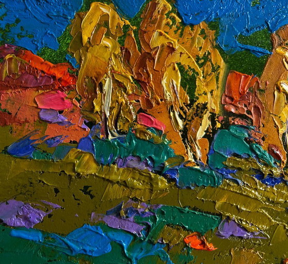 Image 1 of Original Oil Painting Evening Field Landscape Cattle grazing in autumn meadows
