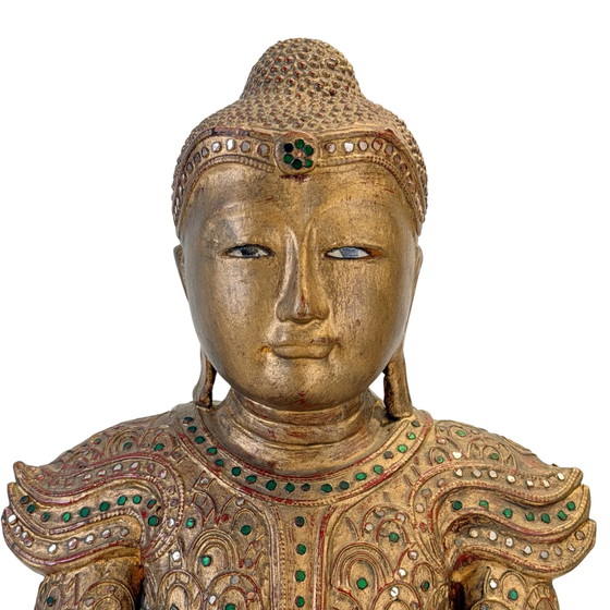 Antique Burmese Jambupati Buddha with glass mosaic, c. 1900 – Sculpture, Wood, Gold (photo 2 of 11)