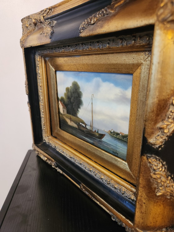 Image 1 of Atmospheric Antique River View with Sailing Ship – Signed "Patty" – In a Beautiful Baroque-Style Frame (London Origin)