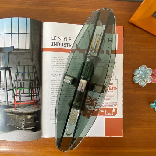 Aplique de pared Veca en cristal gris ahumado y metal cromado