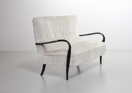 Image 1 of Distinguished Italian Mid-Century Design Guglielmo Ulrich Two Seat Sofa in Soft Silver Velvet Fabric. Italy, 1950s.