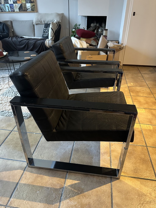 2 design Fauteuils nero leer met chroom