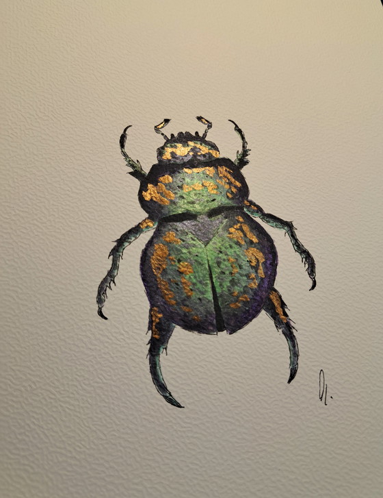 Image 1 of Watercolor painting Scarab green gold | Gold-colored frame