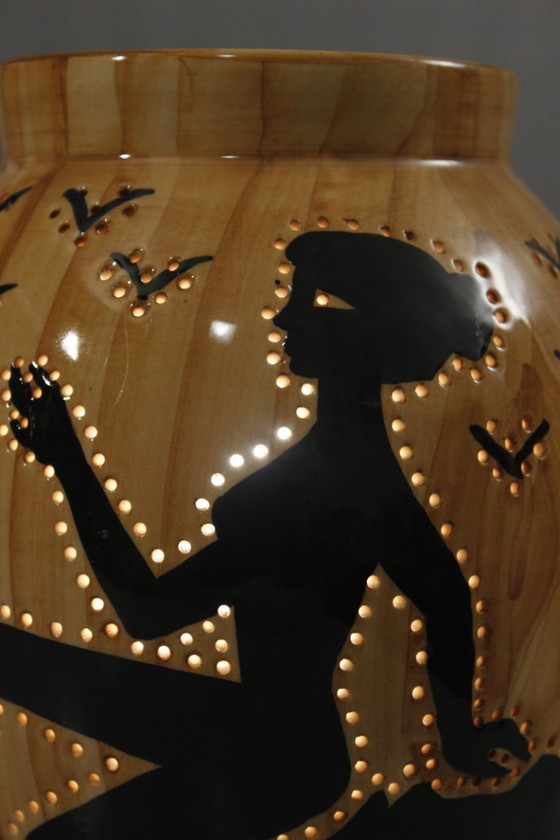 Image 1 of Grandjean Jourdan in Vallauris - Sfeerlamp met opengewerkte details en maritiem tafereel, jaren 1950