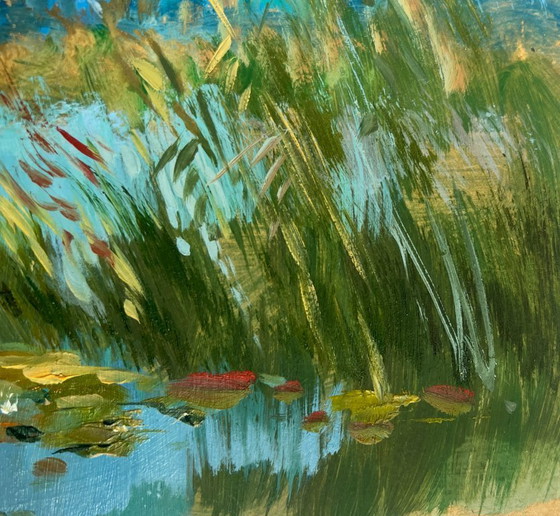 Image 1 of Dipinto ad olio originale Paesaggio estivo con fiume Tempo estivo nuvoloso