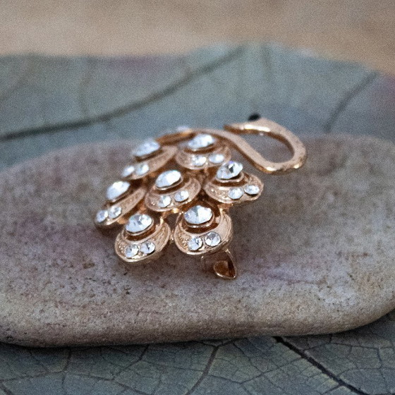 Image 1 of Vintage rose gold metal swan brooch with rhinestones
