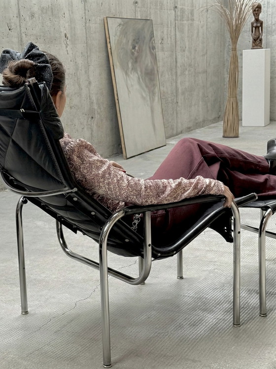 Image 1 of HANS EICHENBERGER PER STRÄSSLE POLTRONA RELAX LOUNGE E OTTOMANO BAUHAUS IN PELLE CROMATA SVIZZERA ANNI '70