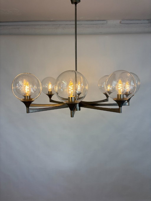 6-Armige Hanglamp Met Glazen Kappen - 1960