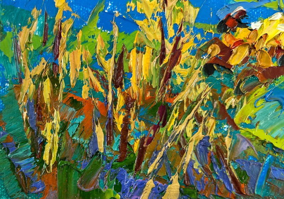 Image 1 of Original Oil Painting Evening Village Landscape Golden Harvest