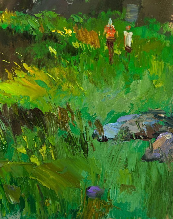 Image 1 of Original Oil Painting Summer River Landscape River flows through rocky cliffs