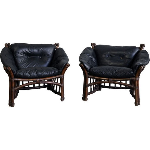 Coppia di sedie vintage in pelle e rattan, anni '70