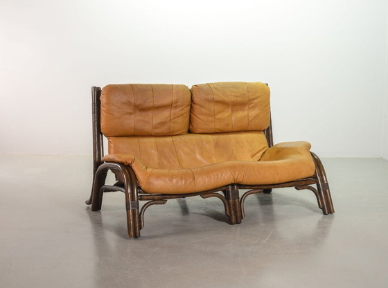 Image 1 of Brutalist Bentwood Love Seat Bamboo Sofa with Caramel Leather Upholstery, 1960s. 