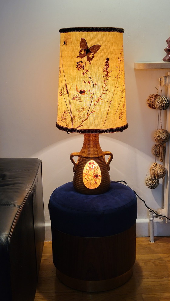 Image 1 of Lampe Accolay en Céramique et Abat Jour Herbier, France 1970