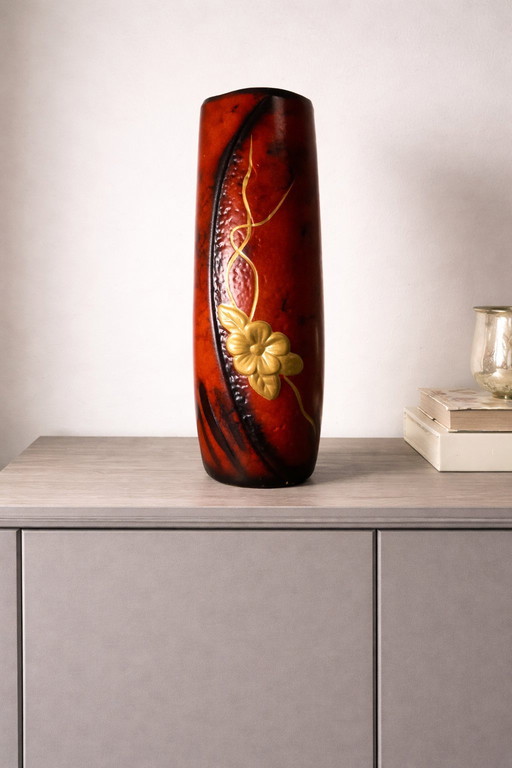 Jarrón de loza Art Nouveau, color rojo sangre de buey, G. De Bryun, 1920-1930