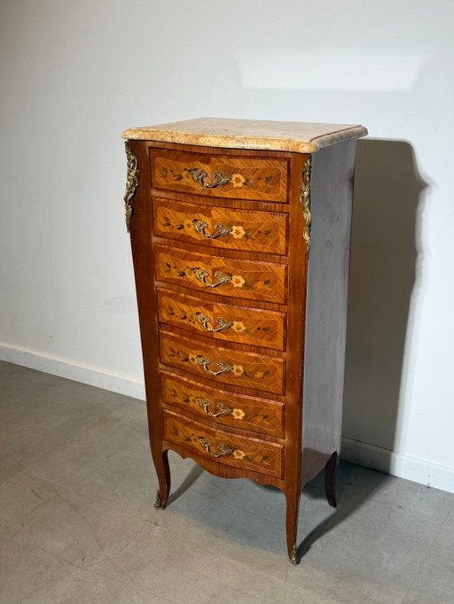 Commode haute de style Louis XV, marqueterie française, avec plateau en marbre – ladekasten, Wood