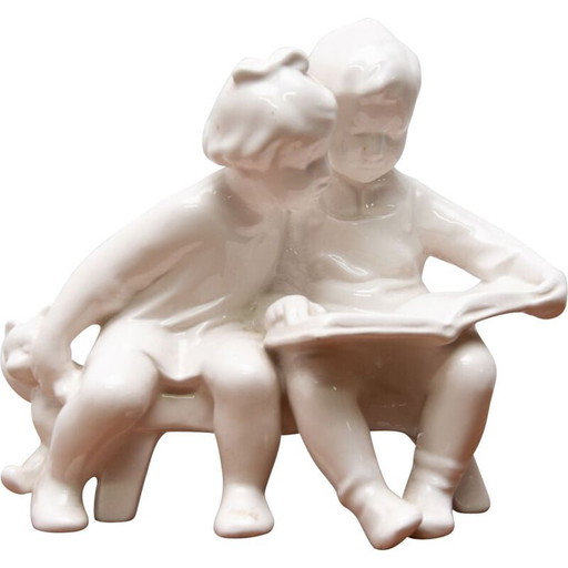 Vintage ceramic sculpture children with a book by Keramia Znojmo, Czechoslovakia 1950