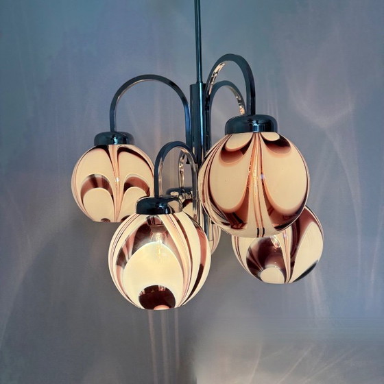 Image 1 of XL Italian purple and white murano glass swirl chandelier , 1970s