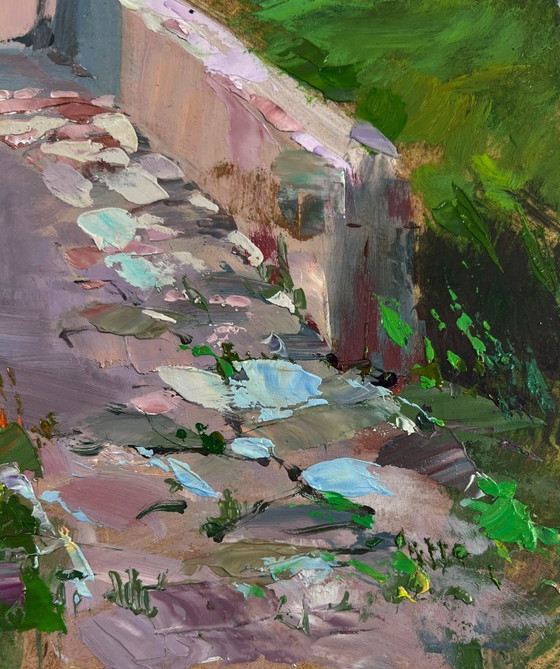Image 1 of Original Oil Painting Summer Houses Landscape The bridge leading to the village