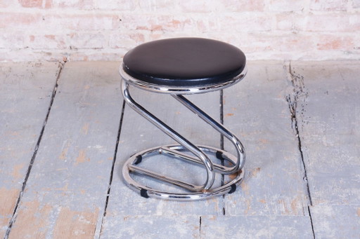 Restored Bauhaus Stool, Chrome-Plated Steel, Leatherette, Geman, 1950s – krukjes, Metal (photo 2 of 7)