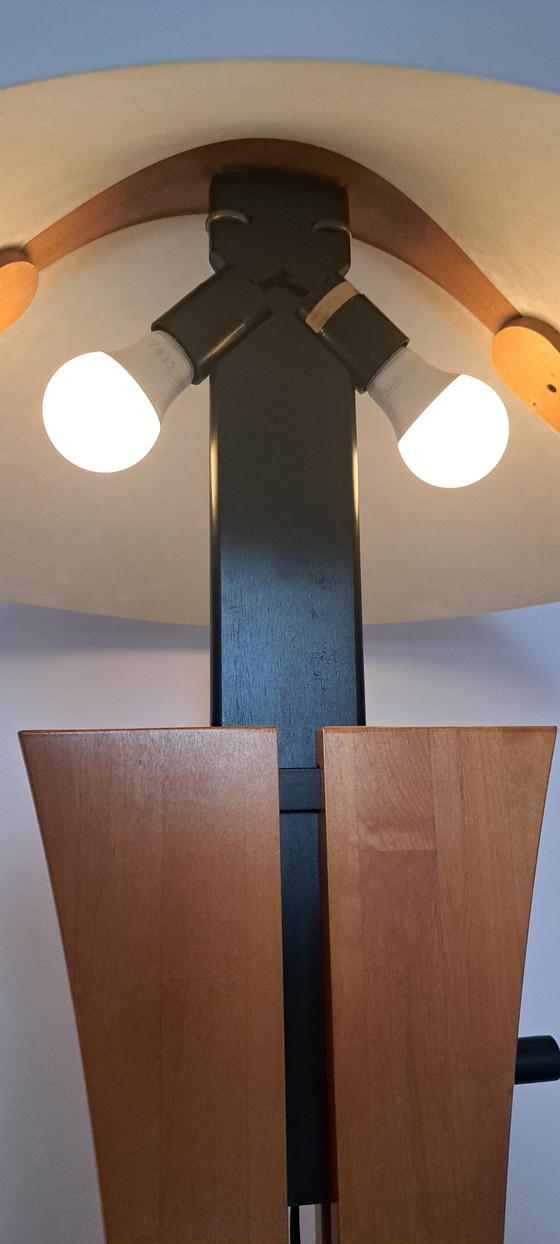 Image 1 of Lampadaire Domus 6502 – Réglable – Bois de hêtre et abat-jour Lunopal d'origine – Fabriqué en Allemagne
