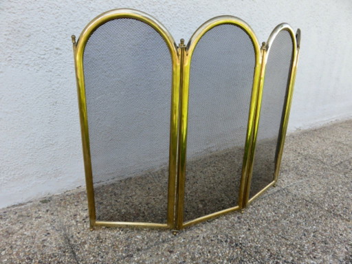 Pare feu de cheminée, pare étincelles, en laiton doré à 4 volets repliables, France, 1950