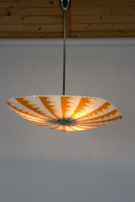 Image 1 of Tschechische Glas-Pendelleuchten aus der Mitte des 20. Jahrhunderts mit geometrischem und farbenfrohem Dekor, 1970er Jahre, 6er-