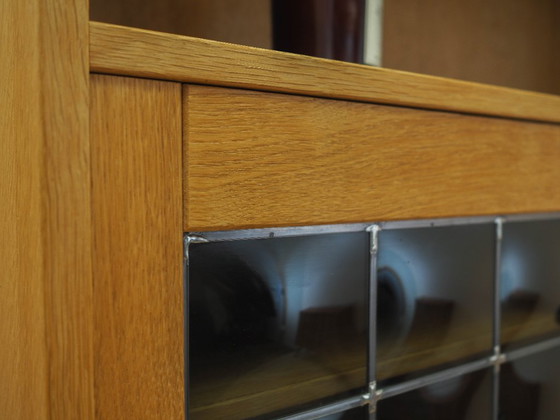 Danish Oak Bookcase by Henning Kjærnulf with Glass Doors and Geometric Panels, 1960s – Wood (photo 13 of 21)