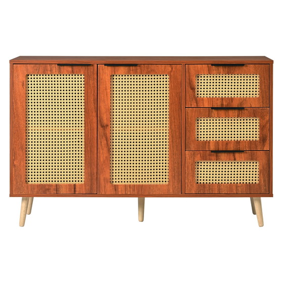 Image 1 of Urban Meuble vintage dressoir van rotan in walnoot houtlook met 2 deuren en 3 lades met zwarte handgrepen 120*38*78cm CRI