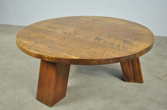 Image 1 of Brutalist Massive Oak Round Coffee Table 1970s