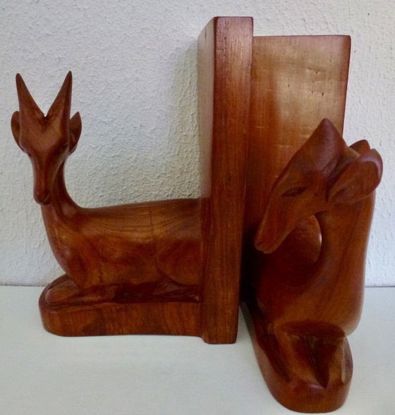 Image 1 of Vintage 2x wooden bookends in the shape of antelopes