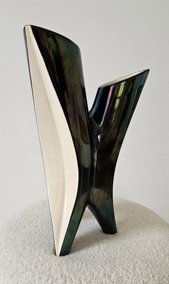 Image 1 of Vaso scultoreo a treppiede Verceram – Ceramica smaltata iridescente – anni '50-'60