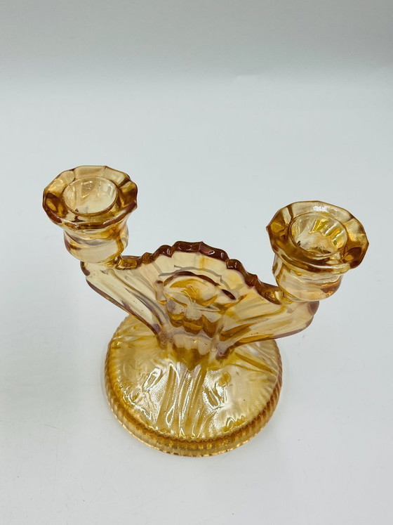 Image 1 of Ein Paar Empoli-Kerzenständer aus bernsteinfarbenem Glas im Art-Deco-Stil