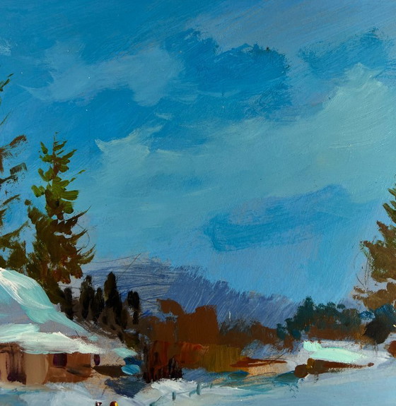 Image 1 of Original Oil Painting Winter Village Landscape Along the snowy path