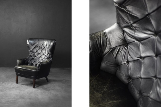 Image 1 of Vintage Mid Century Deense Moderne Gequilte Zwart Leren Wing Stoel, 1960