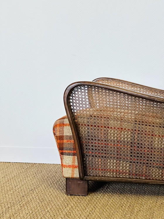 Image 1 of Vintage fauteuil van gebogen hout, rieten frame en geruite stof, 1960